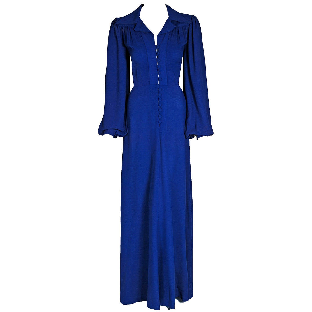 1970's Ossie Clark Indigo Moss-Crepe Sculpted Billow-Sleeve Maxi Dress Gown