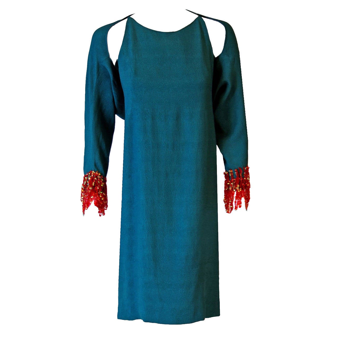 1966 Pierre Cardin Haute-Couture Sequin Teal Blue-Green Silk Mod Dress Ensemble