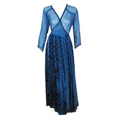 1930's Sapphire-Blue Deco Velvet-Flocked Silk Bias-Cut Evening Wrap Dress Gown