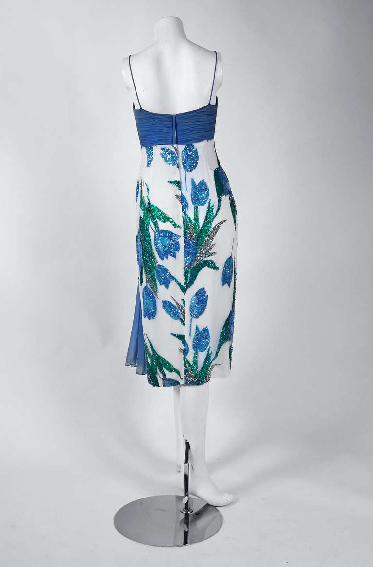 1950's Watercolor Blue-Tulips Floral Sequin Silk Shelf-Bust Cocktail Dress 1