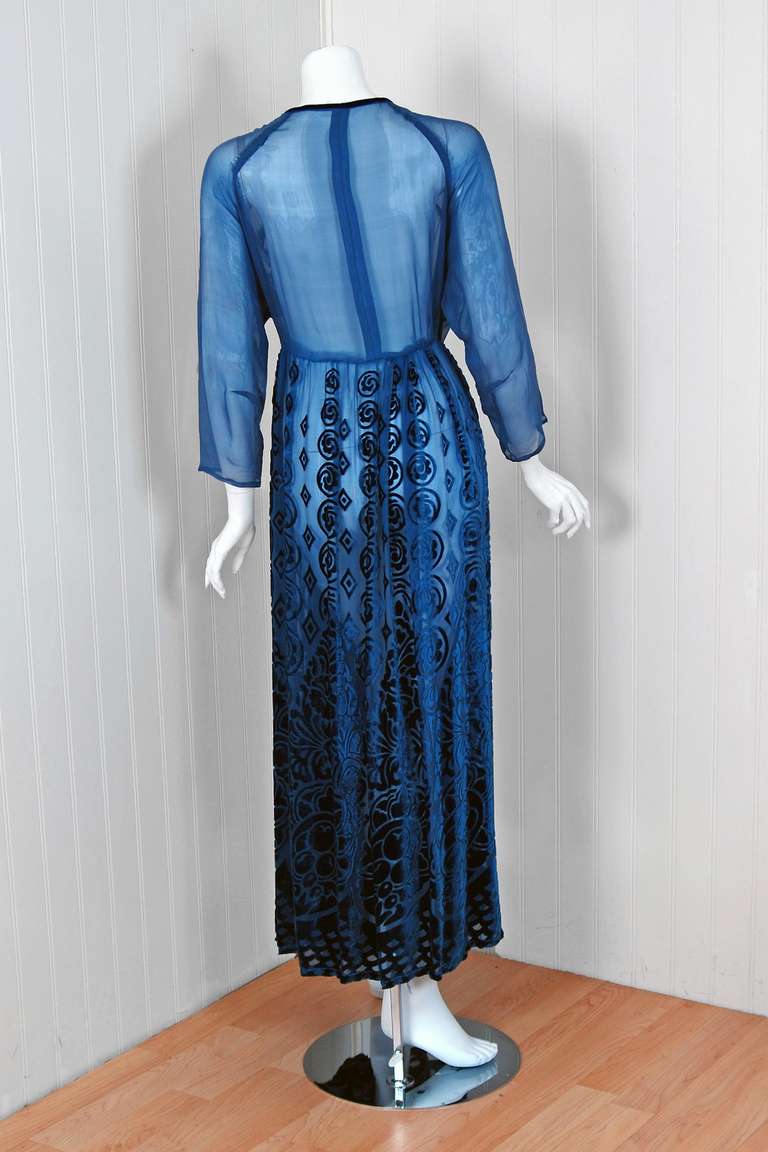 Women's 1930's Sapphire-Blue Deco Velvet-Flocked Silk Bias-Cut Evening Wrap Dress Gown