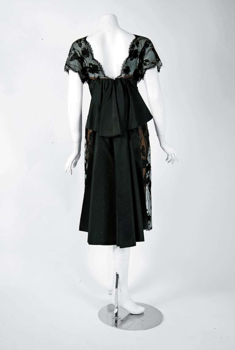Women's 1950's Irene Lentz Sheer Lace-Illusion Black Floral Trained Cocktail Dress