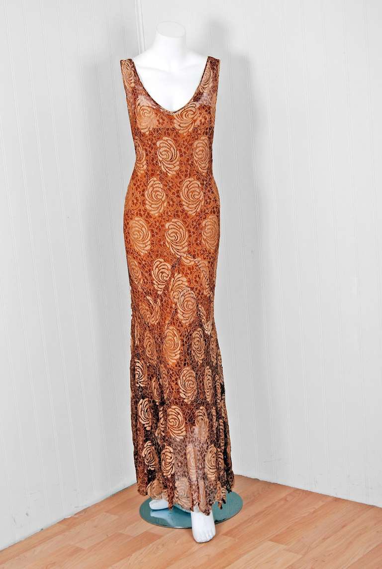 Brown 1930's Golden Floral-Lace & Chiffon Bias-Cut Deco Hourglass Gown & Jacket