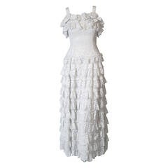 1962 Christian Dior Paris Demi-Couture White Tiered Ruffle Lace Formal Gown