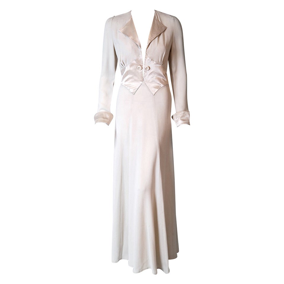 1970's Ossie Clark Ivory Moss-Crepe and Satin Tuxedo Plunge Full-Length ...