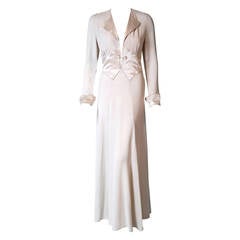 1970's Ossie Clark Ivory Moss-Crepe & Satin Tuxedo Plunge Full-Length Dress Gown