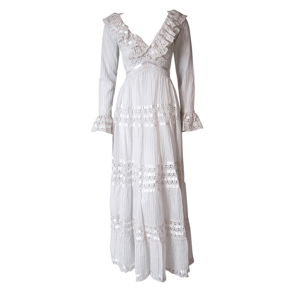 1960's Juli Lynne Charlot White Pintuck Cotton & Crochet-Lace Empire Maxi Dress