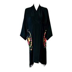 1920's Embroidered Floral Black Silk-Rayon Deco Fringed Kimono Flapper Dress