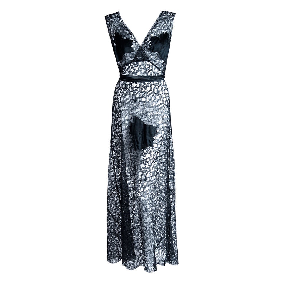 1940's Seductive Leaf-Applique Novelty Black Lace Bias-Cut Nightgown Slip Dress