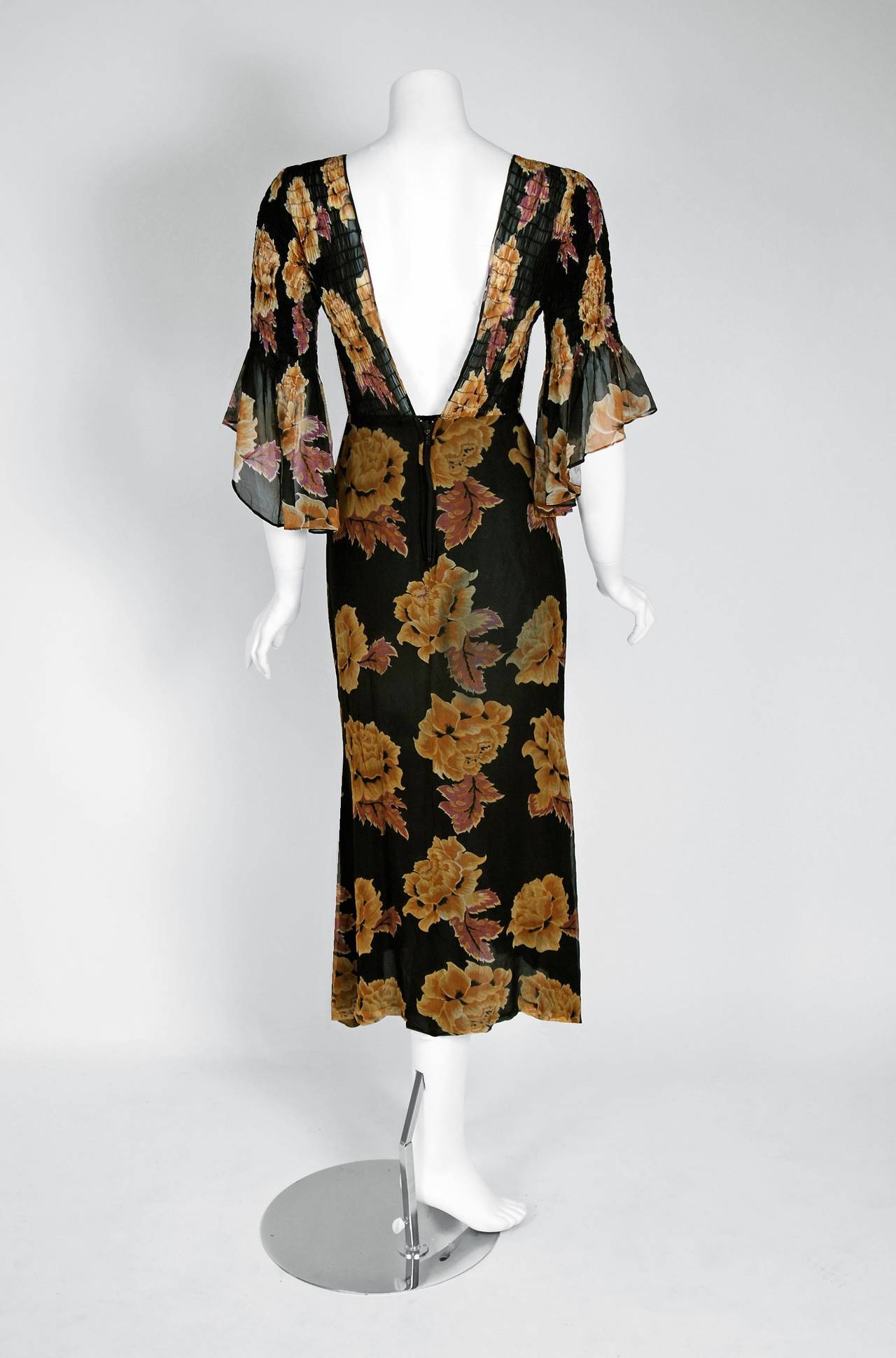 Women's 1970's Thea Porter Rose-Garden Floral Print Smocked Silk Bell-Sleeve Dress