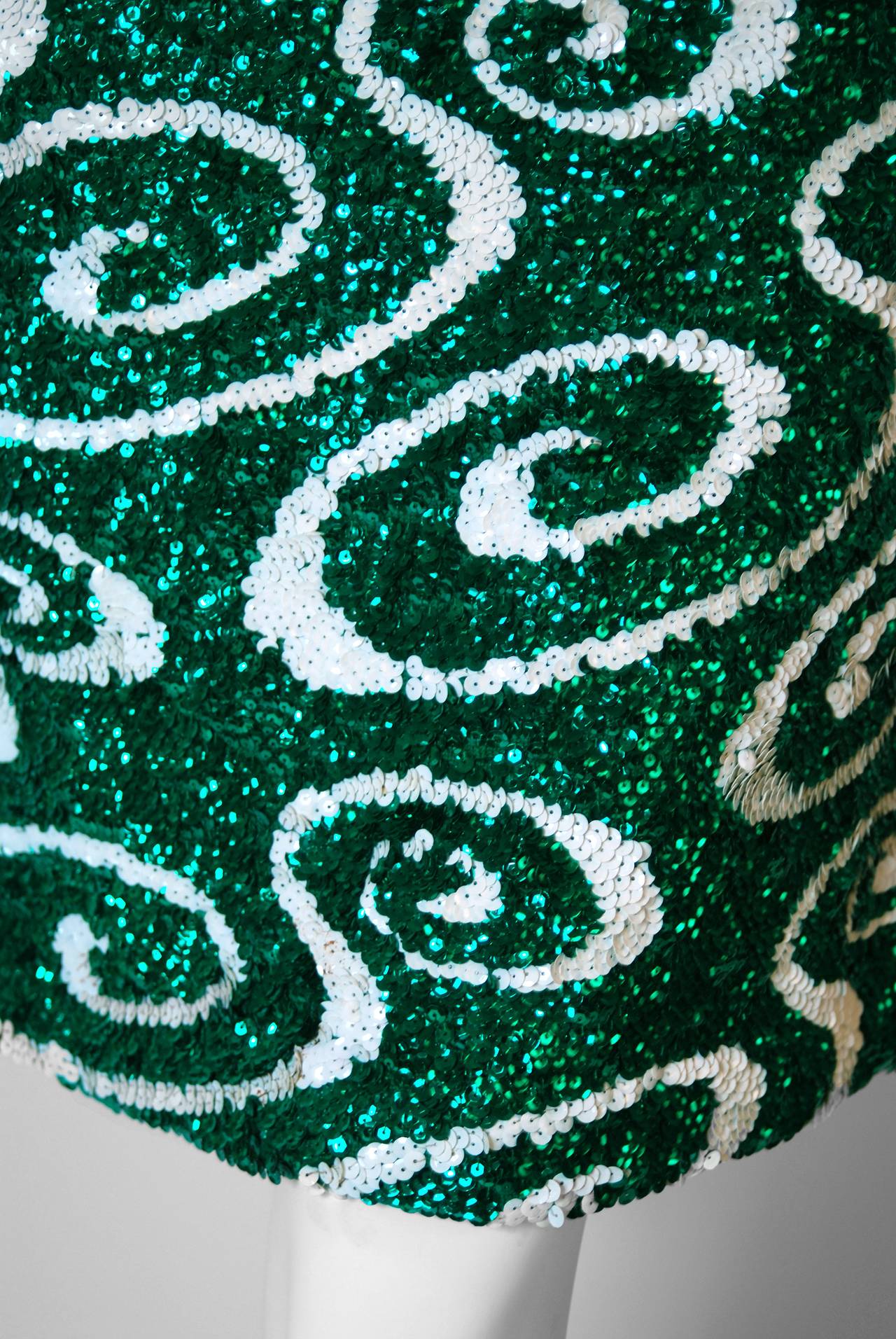 Black 1960's Emerald-Green & White Sequin Abstract-Swirls Wool Mod Cocktail Dress