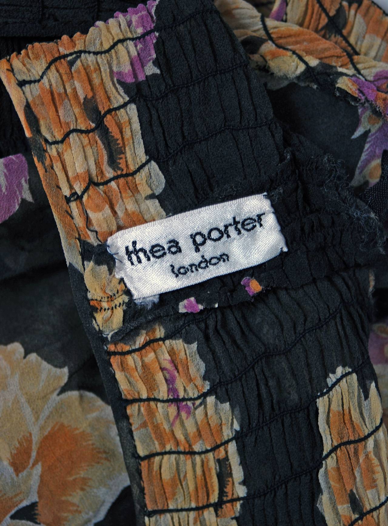 1970's Thea Porter Rose-Garden Floral Print Smocked Silk Bell-Sleeve Dress 1
