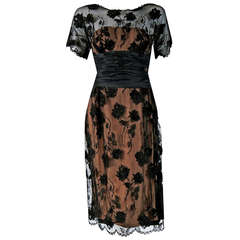 Used 1950's Irene Lentz Sheer Lace-Illusion Black Floral Trained Cocktail Dress