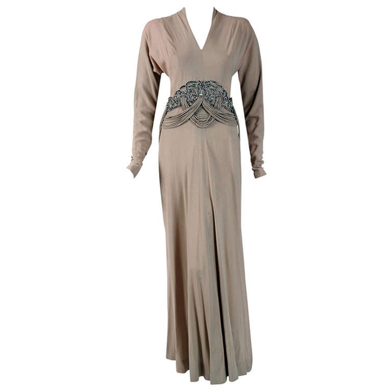 1940's Irene Lentz Beaded Rhinestone Taupe Crepe Bias-Cut Evening Gown