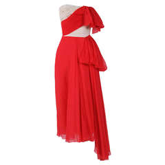 1950's Irene Lentz Coral-Pink & Ivory Pleated Silk Strapless Asymmetric Dress