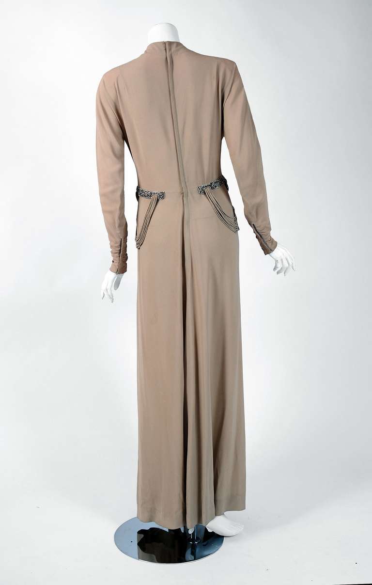 Women's 1940's Irene Lentz Beaded Rhinestone Taupe Crepe Bias-Cut Evening Gown