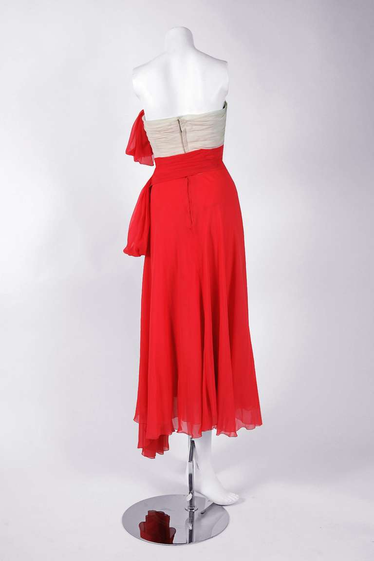 1950's Irene Lentz Coral-Pink & Ivory Pleated Silk Strapless Asymmetric Dress In Excellent Condition In Beverly Hills, CA