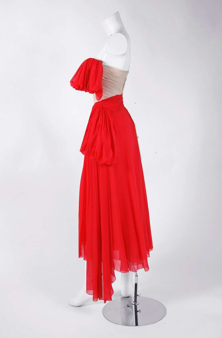 Red 1950's Irene Lentz Coral-Pink & Ivory Pleated Silk Strapless Asymmetric Dress
