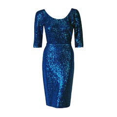 Vintage 1950's Gene Shelly Royal-Blue Sequin Hourglass Knit Belted Wiggle Cocktail Dress