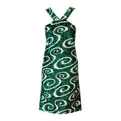 1960's Emerald-Green & White Sequin Abstract-Swirls Wool Mod Cocktail Dress