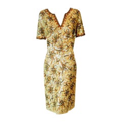1950's Gene Shelly Golden Yellow Sequin Beaded Knit Abstract Cocktail Dress