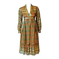 1970's Esther Wolf Metallic Print Indian-Silk Empire Plunge Bohemian Dress