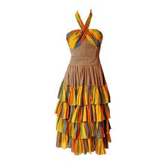 1970's French Watercolor-Stripe Tiered Cotton Shelf-Bust Halter Belted Sun Dress