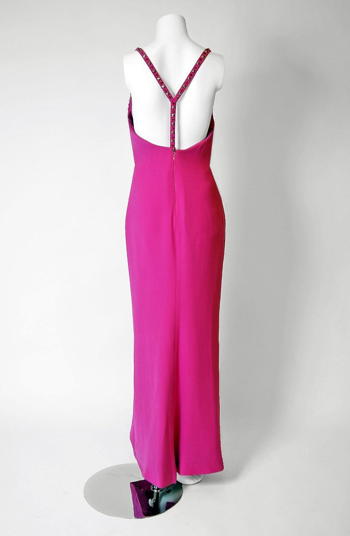 Purple Vintage 1995 Gianni Versace Couture Fuchsia Silk Studded Low-Cut Hourglass Gown