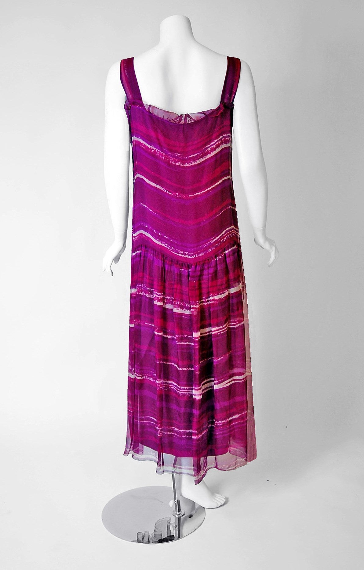 1977 Christian Dior Haute-Couture Purple Abstract-Print Chiffon Dress & Cape 1