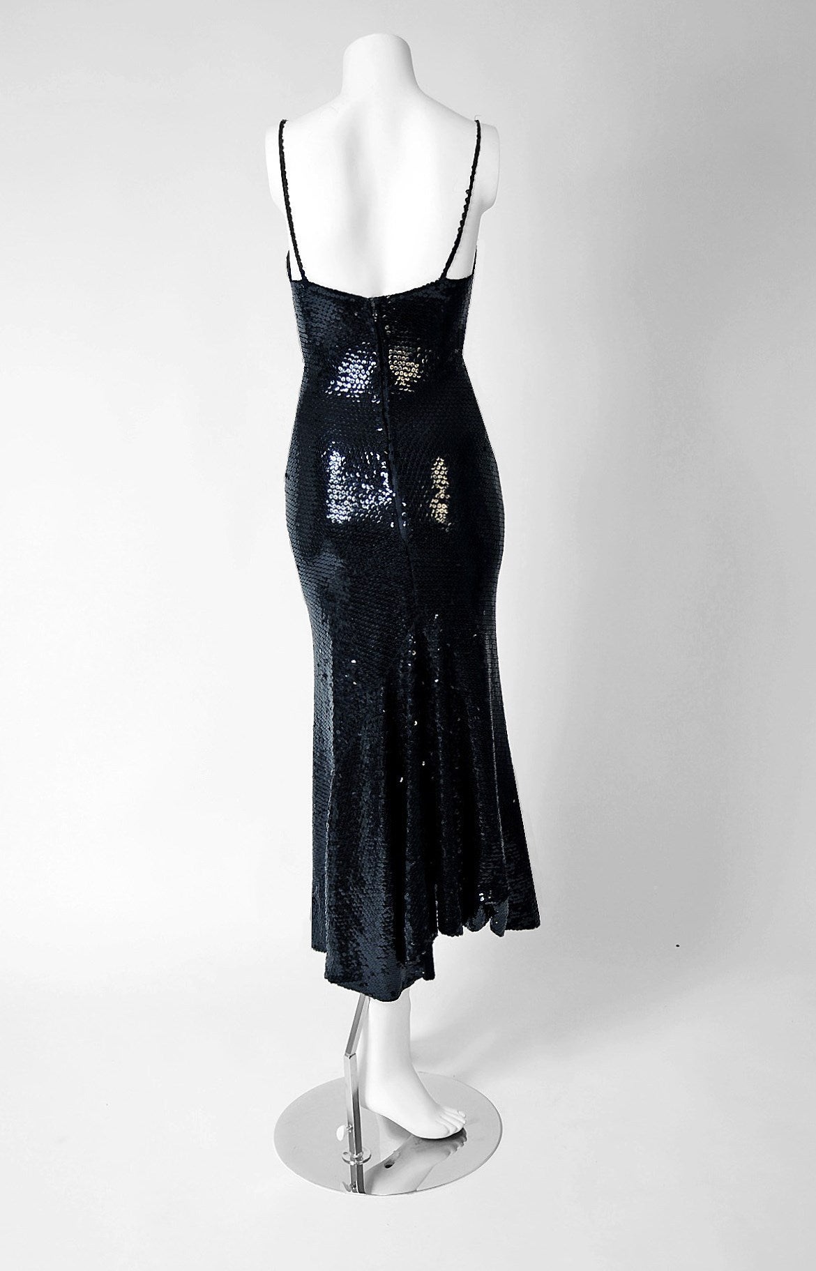 1970's Halston Black Sequin Silk-Jersey Plunge Hourglass Mermaid Cocktail Dress In Excellent Condition In Beverly Hills, CA