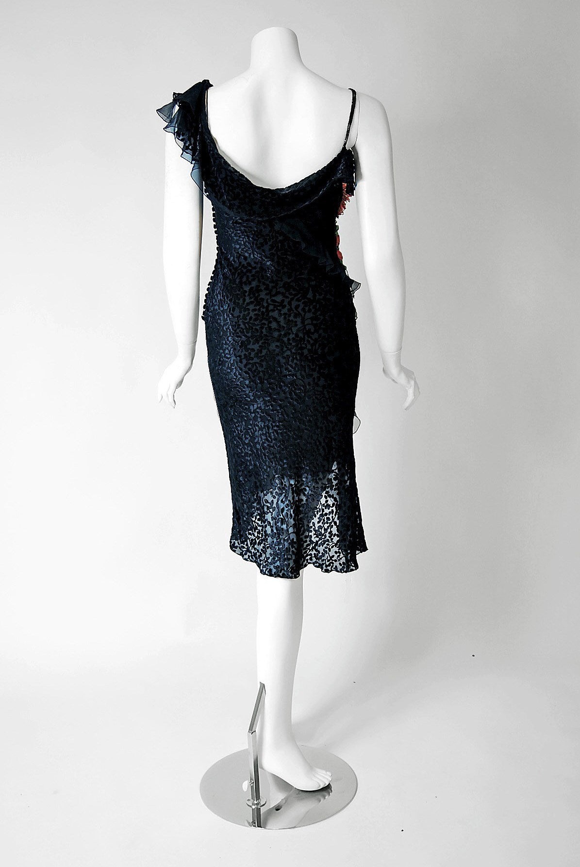 1990's Christian Dior Black Velvet-Flocked Silk Applique Bias-Cut Cocktail Dress 1
