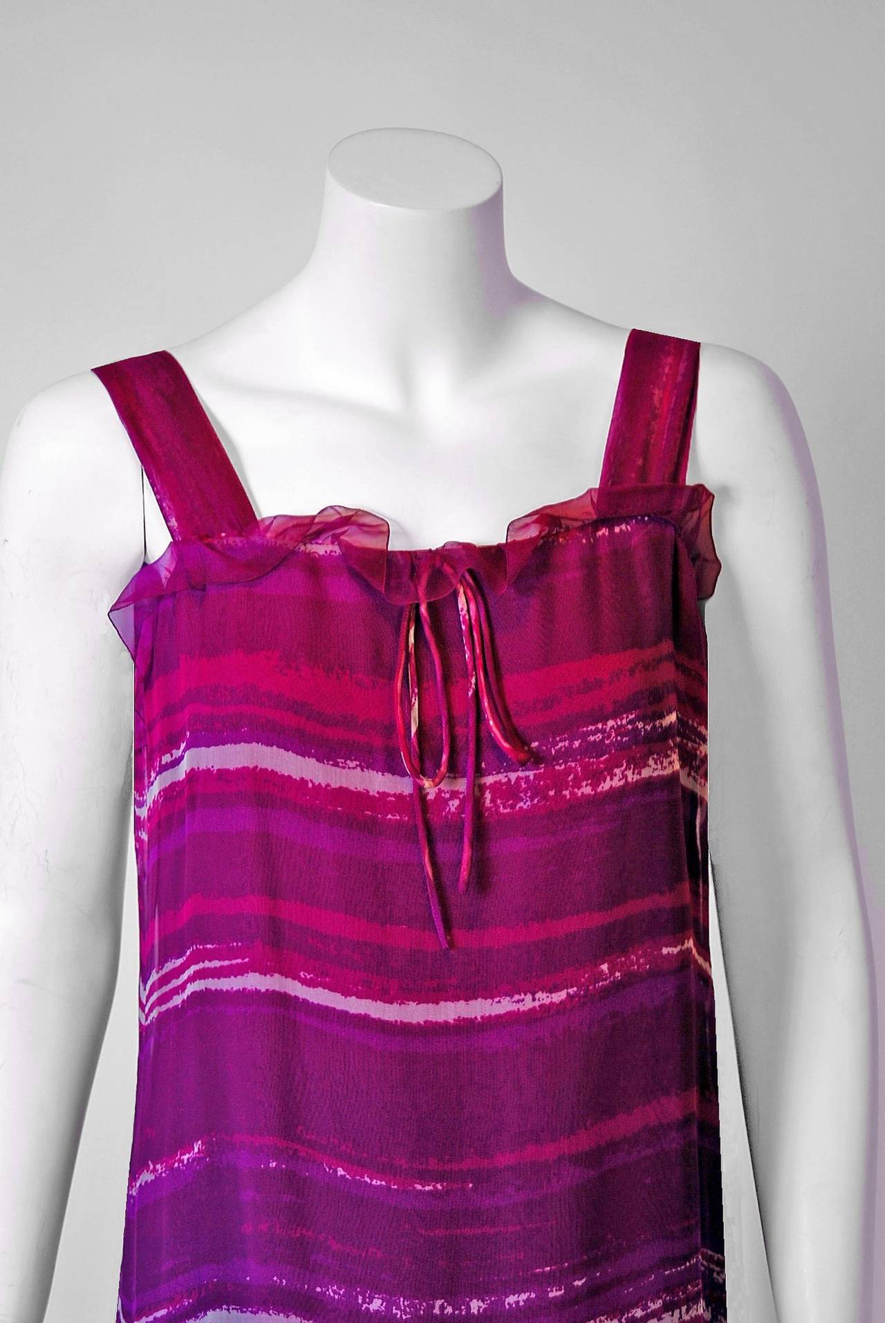 Women's 1977 Christian Dior Haute-Couture Purple Abstract-Print Chiffon Dress & Cape