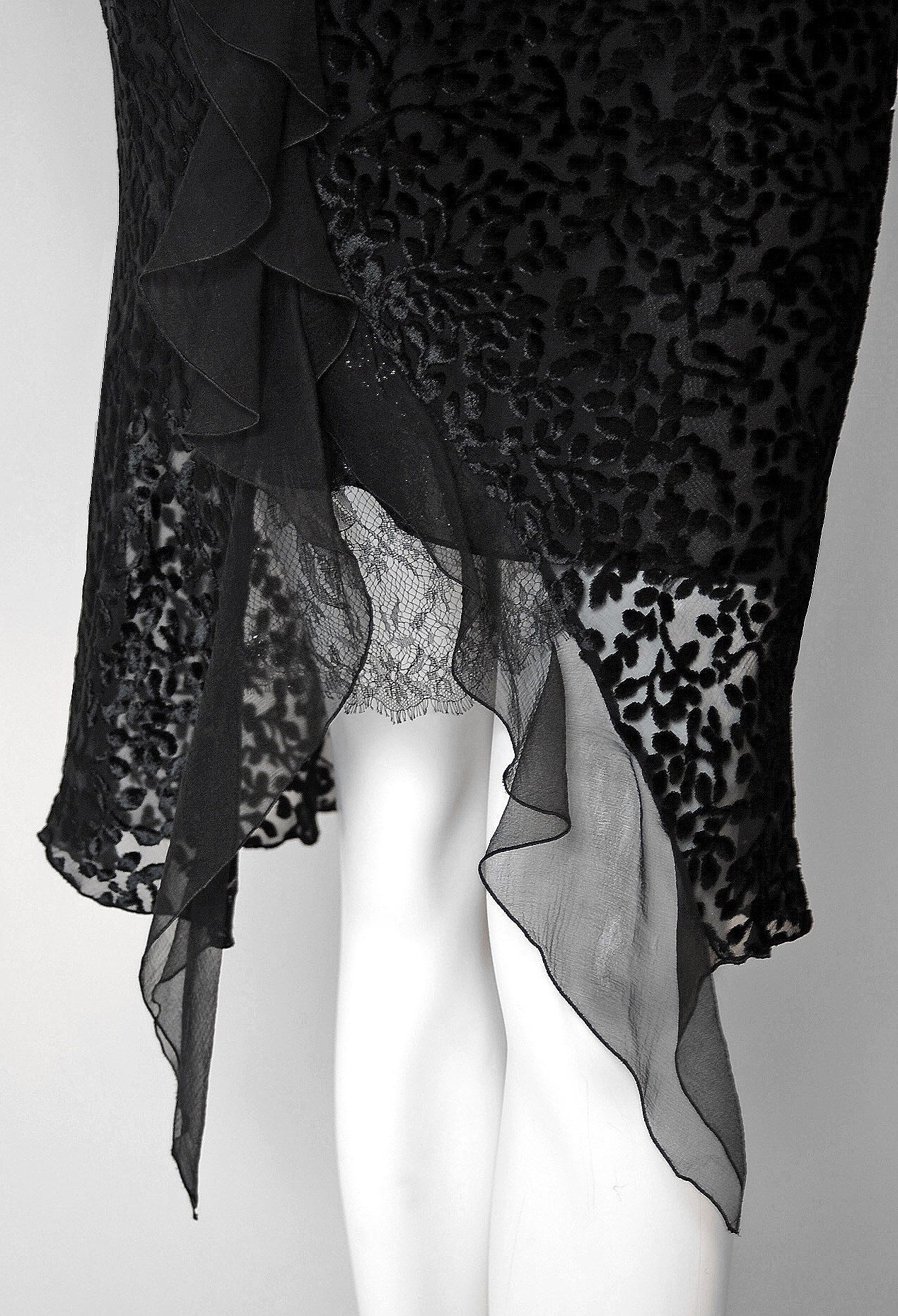 Women's 1990's Christian Dior Black Velvet-Flocked Silk Applique Bias-Cut Cocktail Dress