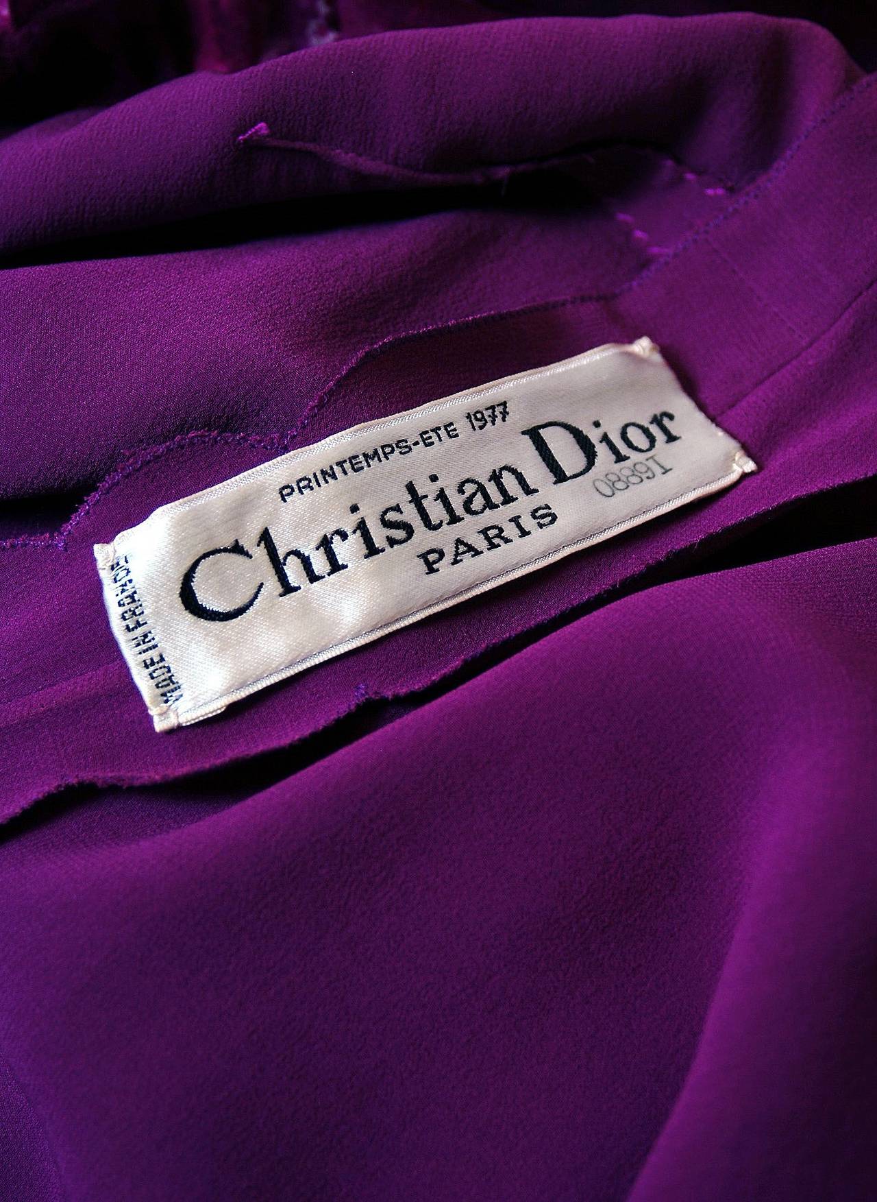 1977 Christian Dior Haute-Couture Purple Abstract-Print Chiffon Dress & Cape 2