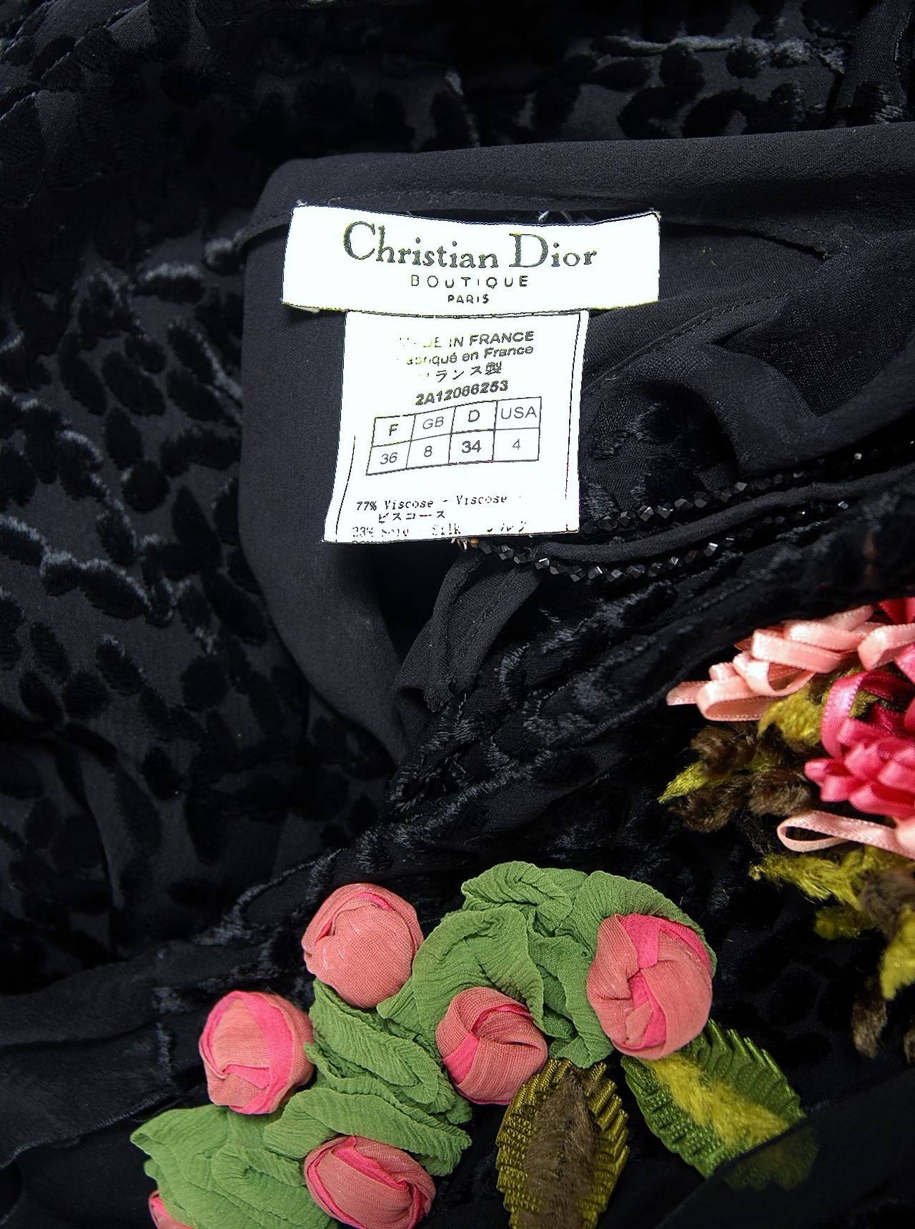 1990's Christian Dior Black Velvet-Flocked Silk Applique Bias-Cut Cocktail Dress 2