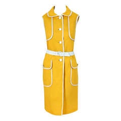 1960's Geoffrey Beene Gelb & Weißes Leinen Ärmelloses Kleid mit Gürtel Mod