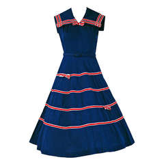 Vintage 1950's Sailor Nautical-Novelty Print Cotton Belted Pin-Up Rockabilly Sun Dress