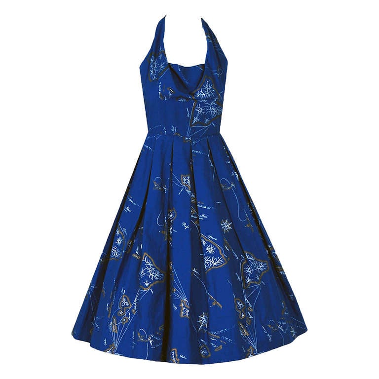 1950's Alfred Shaheen Hawaiian Blue Novelty Print Cotton Halter Sun Dress