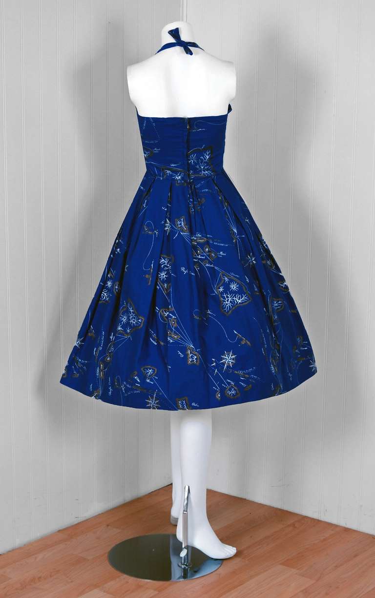 1950's Alfred Shaheen Hawaiian Blue Novelty Print Cotton Halter Sun Dress 1