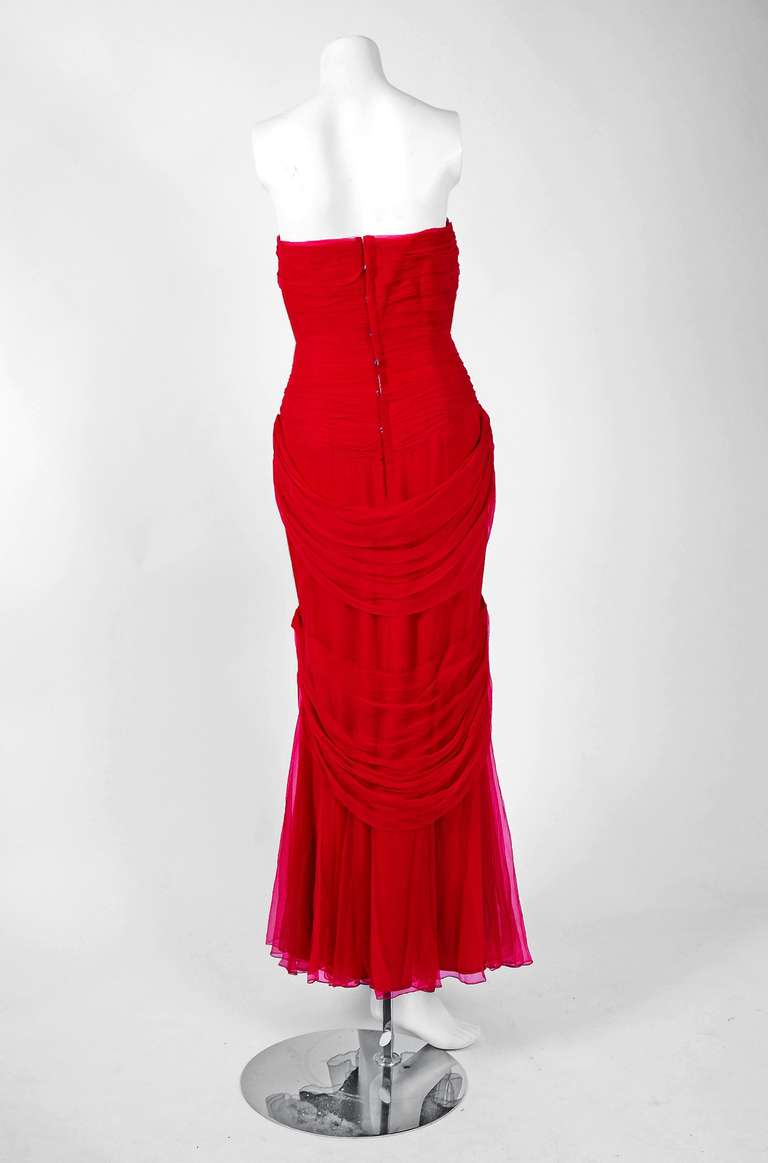 1950's Irene Lentz Magenta-Pink Silk Strapless Draped Dress Gown & Shawl 1