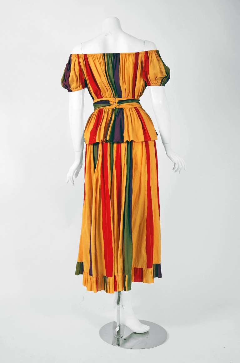 Women's 1970's Christian Dior Striped-Cotton Bohemian Off-Shoulder Dress Ensemble