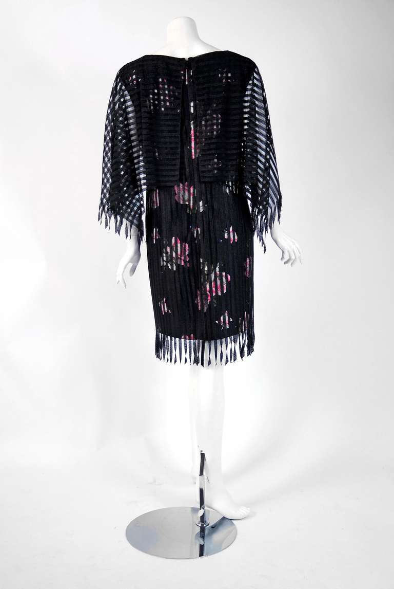 Vintage 1970's Holly's Harp Fringed Floral Print Black Rayon Angel-Sleeve Dress 1