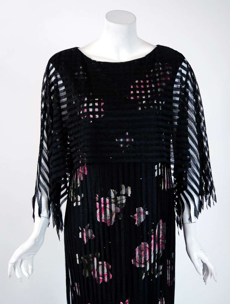 Vintage 1970's Holly's Harp Fringed Floral Print Black Rayon Angel-Sleeve Dress In Good Condition In Beverly Hills, CA