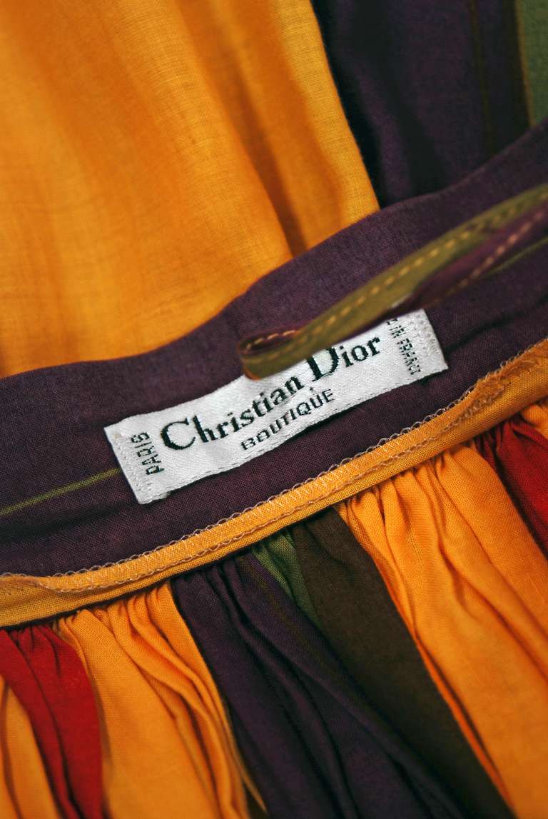 1970's Christian Dior Striped-Cotton Bohemian Off-Shoulder Dress Ensemble 1