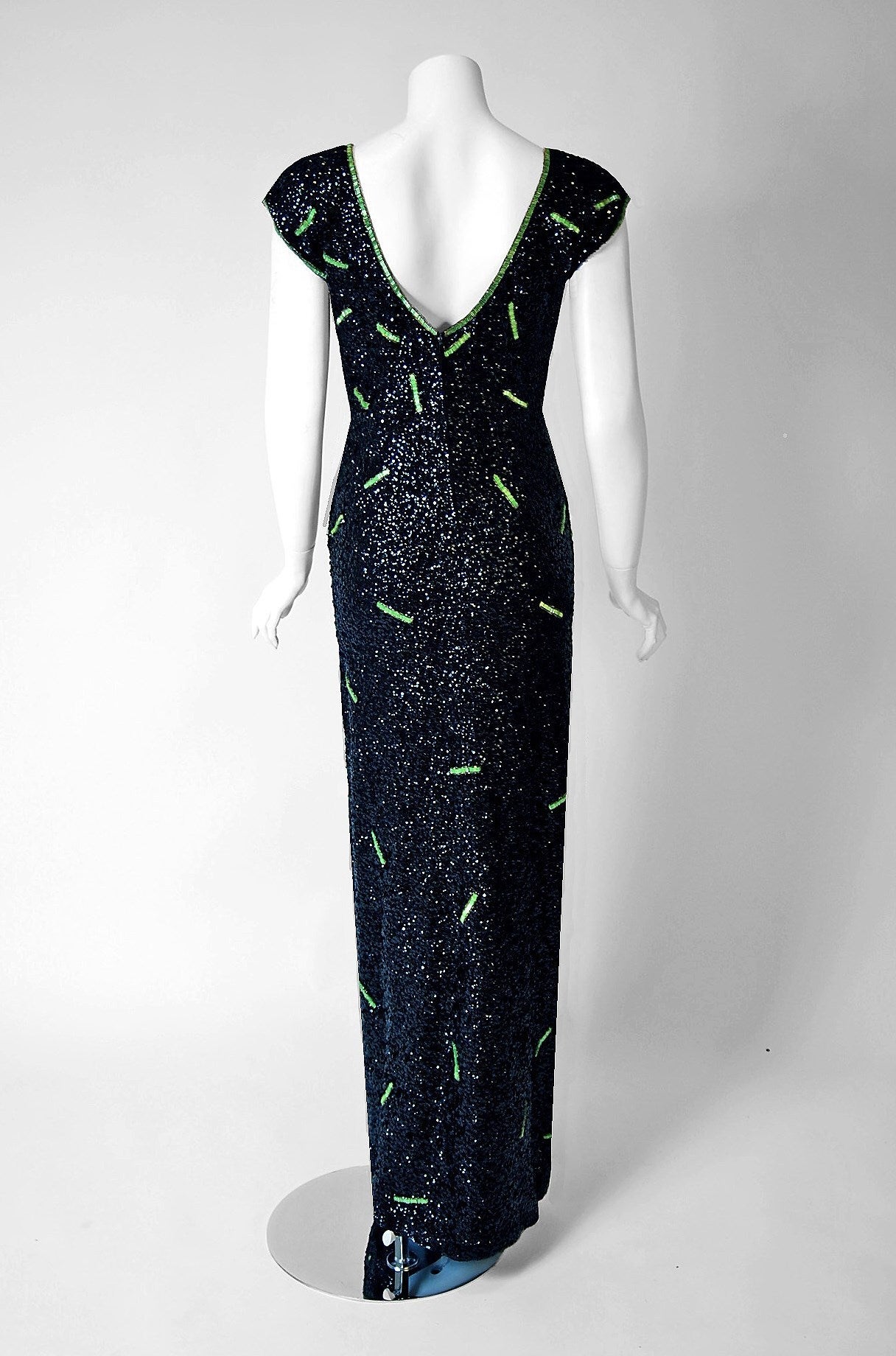 Women's 1950's Gene Shelly Beaded Sequin Black & Green Wool Knit Hourglass Evening Gown