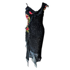 1990's Christian Dior Black Velvet-Flocked Silk Applique Bias-Cut Cocktail Dress