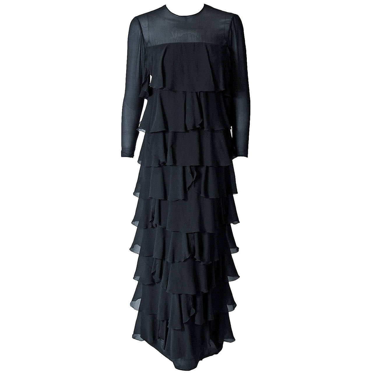 1968 Pierre Cardin Black Silk-Chiffon Tiered Ruffle Long-Sleeve Mod Dress Gown