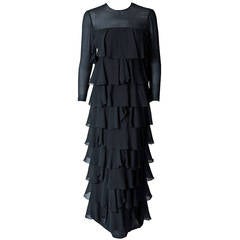 Vintage 1968 Pierre Cardin Black Silk-Chiffon Tiered Ruffle Long-Sleeve Mod Dress Gown