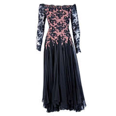 1978 Travilla Sheer Lace Illusion and Black Chiffon Off-Shoulder Evening Gown