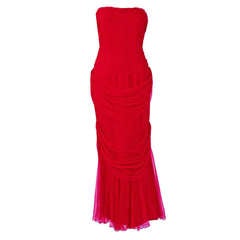1950's Irene Lentz Magenta-Pink Silk Strapless Draped Dress Gown & Shawl